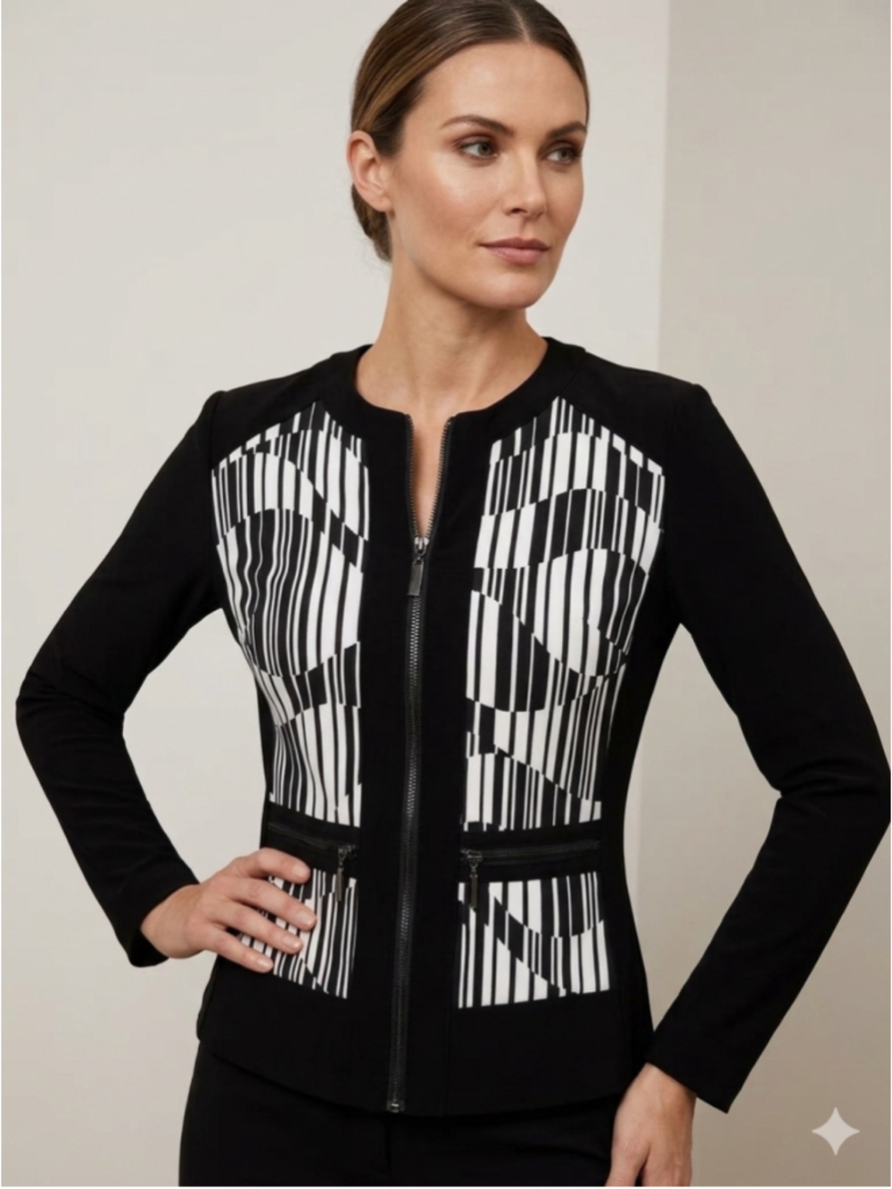 Women's Joseph Ribkoff Black & White Geometric Zip-Up Jacket, Size 12 2045